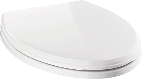 White elongated toilet seat with slow-close lid shown in open position against plain background.