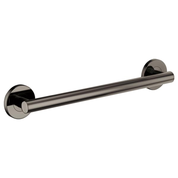 Stainless steel grab bar with round profile and circular wall-mounted flanges in polished chrome finish.