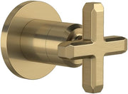 Antique gold volume control and diverter trim with cross handle and circular mounting plate.