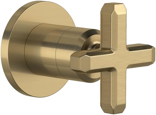 Antique gold volume control and diverter trim with cross handle and circular mounting plate.