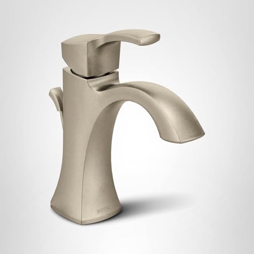 Brushed nickel single-handle bathroom faucet with high arc spout and square base design.