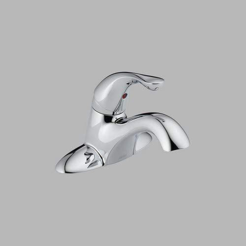 Chrome single-handle bathroom faucet with curved spout and control lever on gray background.