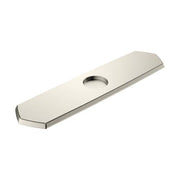 Rectangular stainless steel base plate with single centered hole and beveled edges in brushed steel finish.