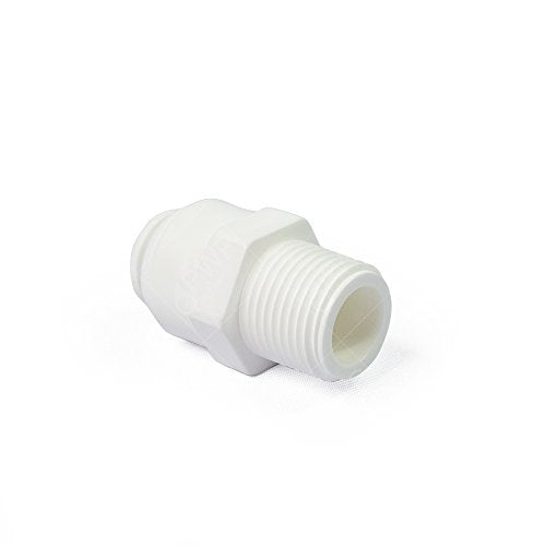 White polypropylene male connector with threaded end and smooth compression fitting end.