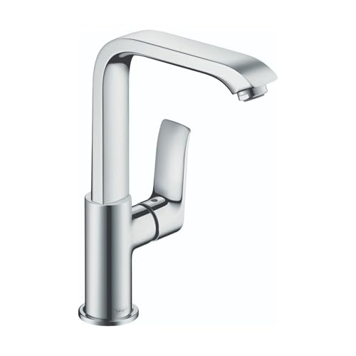 Chrome single-hole bathroom faucet with curved spout and lever handle.