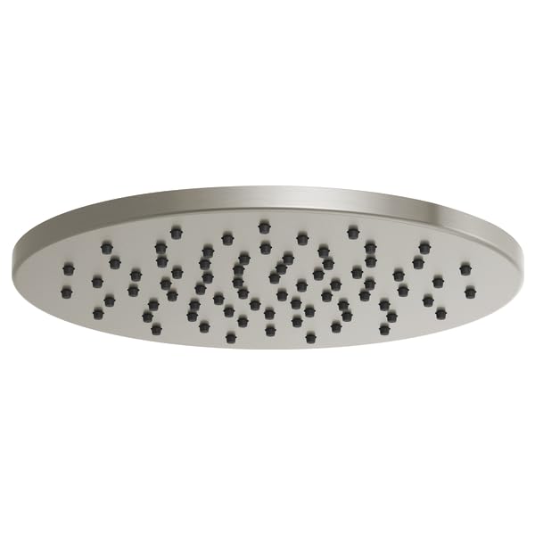 Round stainless steel raincan shower head with multiple spray holes on white background.