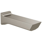 Stainless steel tub spout with curved wall mount and angled water outlet in brushed finish.
