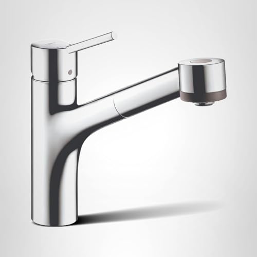 Chrome kitchen faucet with pull-out spray head and single lever handle.