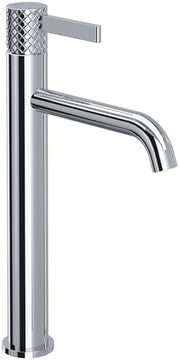 Polished chrome single handle tall bathroom faucet with cylindrical body and curved spout.