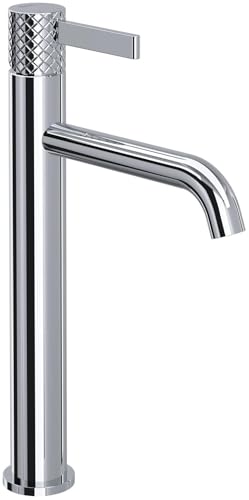 Polished chrome single handle tall bathroom faucet with cylindrical body and curved spout.