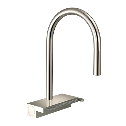 Polished nickel high-arc kitchen faucet with pull-down spray head and rectangular base.