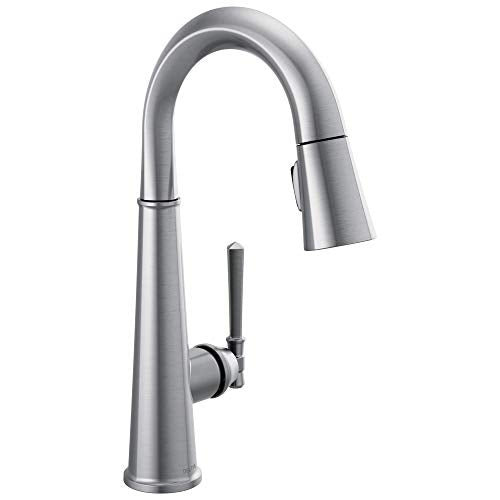 Polished chrome single-handle bar faucet with curved spout and pull-down spray head.