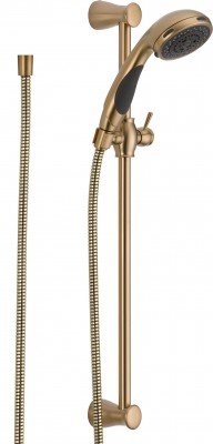 Brushed gold slide bar hand shower with adjustable height bracket, hose, and mounting hardware.
