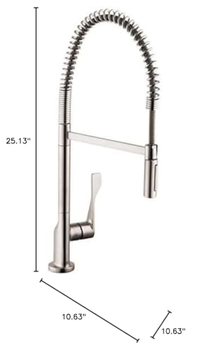 Steel Optic semi-pro kitchen faucet with high arched coiled spray hose and single lever handle, 25.13 inches tall.
