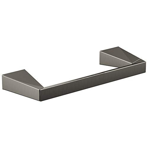 Brushed gray metal tissue holder with angled end caps and horizontal bar design.