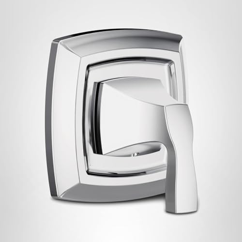 Chrome single-handle transfer valve trim kit with curved square escutcheon plate and lever handle.