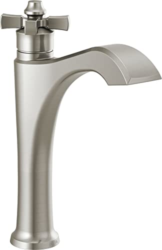 Brushed nickel single-handle vessel faucet with curved spout and cross-shaped handle.