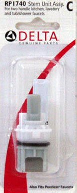 Delta RP1740 stem assembly with cartridge and adjustment cap in clear plastic packaging with red accent stripe.