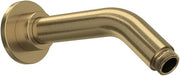 Antique gold wall-mounted shower arm with curved spout and circular mounting flange.