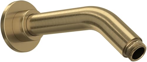 Antique gold wall-mounted shower arm with curved spout and circular mounting flange.