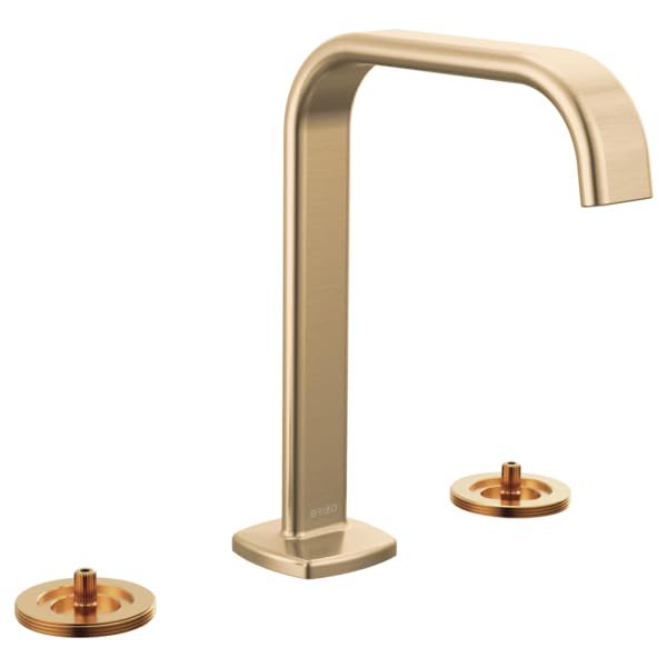 Champagne bronze widespread lavatory faucet with tall square spout and two round valve escutcheons.