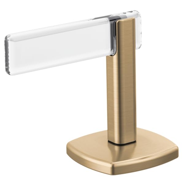 Brass lavatory faucet lever handle with white acrylic insert and square base.