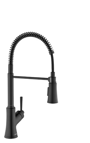 Matte black kitchen faucet with tall arched spout, coiled pull-down hose, and single lever handle.