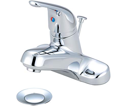 Chrome single-hole bathroom faucet with curved spout, lever handle, and matching pop-up drain assembly.