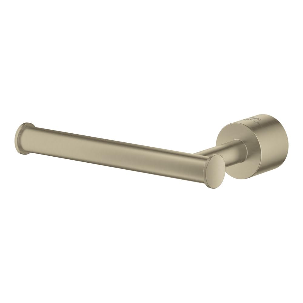 Brushed nickel toilet paper holder with cylindrical rod and circular wall-mounted base, without cover.