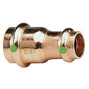 Copper press reducer fitting with 3/4" and 1/2" ports, green indicator bands on sides.