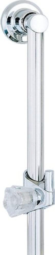 Chrome adjustable wall bar with vertical slide rail and shower head holder attachment.
