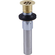 Champagne bronze grid strainer with black rubber seal and chrome cylindrical body for bathroom sink drain installation.