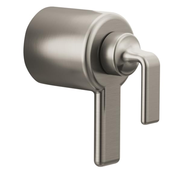 Brushed nickel thermostatic valve trim with cylindrical body and rectangular lever handle.