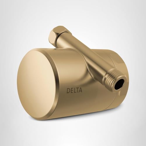 Champagne bronze cylindrical shower filter attachment with intake port and mounting bracket.