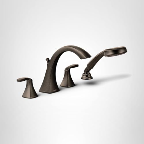 Bronze two-handle deck-mount Roman tub faucet trim with curved spout and matching hand shower.