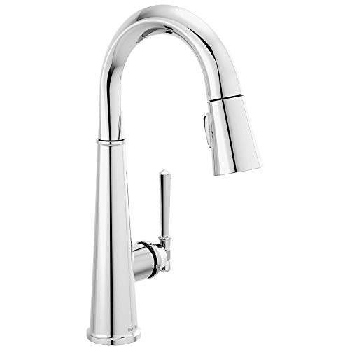 Chrome single-handle kitchen faucet with curved spout and pull-down spray head.