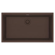Black granite undermount kitchen sink with single bowl and drain opening, top view.
