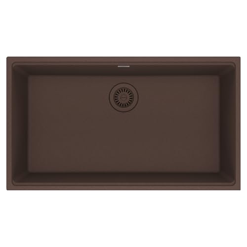 Black granite undermount kitchen sink with single bowl and drain opening, top view.
