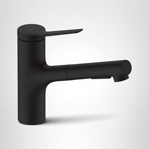 Matte black kitchen faucet with pull-out spray head and single lever handle.