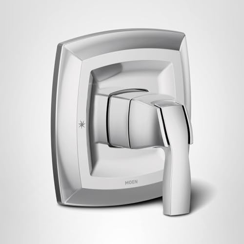 Chrome single-handle valve trim kit with curved square escutcheon plate and lever handle for shower or bathtub installation.