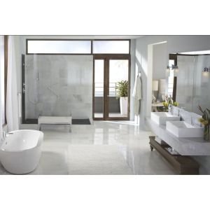 Chrome stainless steel 12-inch straight grab bar mounted on bathroom wall above toilet.