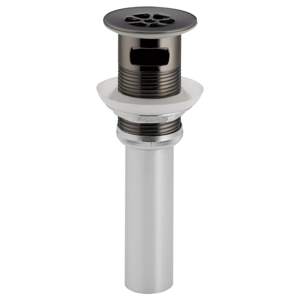 Black onyx grid strainer lavatory drain with overflow feature and white cylindrical body.