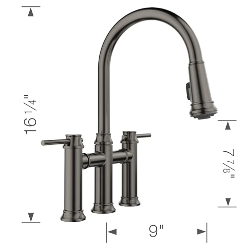 Satin dark steel bridge faucet with pull-down spray head, dual handles, and curved spout.