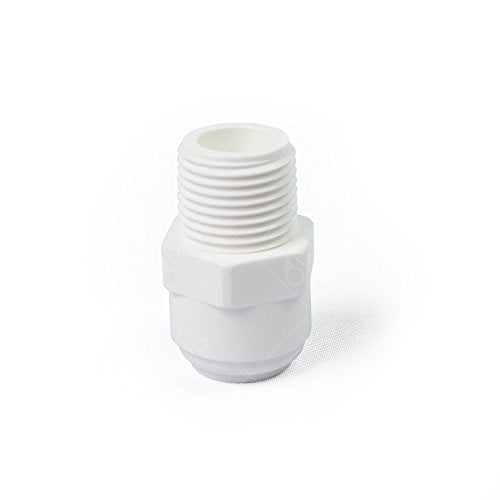 White polypropylene male connector with threaded top and hexagonal grip section.