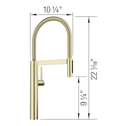 Satin gold pull-down kitchen faucet with high arc spout and flexible hose, 22 1/16" tall.