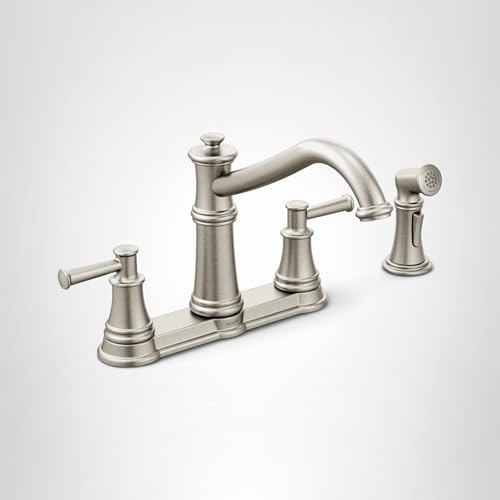 Moen Belfield Traditional Two Handle High Arc Kitchen Faucet with Side Spray Spot Resist Stainless in Stainless Steel - 7255SRS