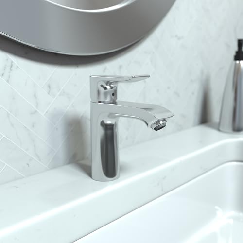 Chrome single-hole bathroom faucet with lever handle and curved spout mounted on white sink.