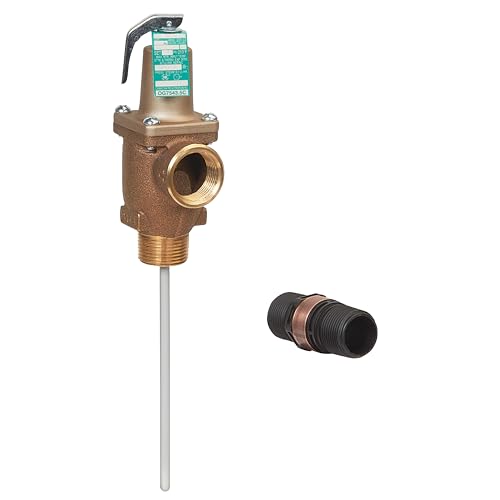 Bronze temperature and pressure relief valve with attached thermostat, discharge line flood sensor, and metal rod component.