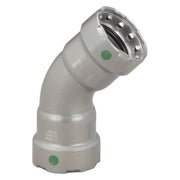 Silver metallic 45-degree elbow pipe fitting with two green indicator dots and press-connect ends.