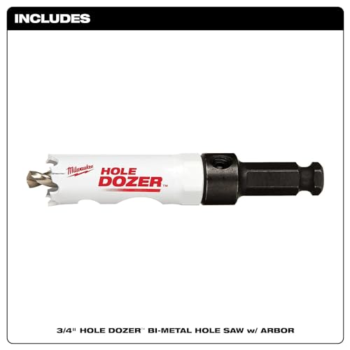 Milwaukee HOLE DOZER bi-metal hole saw with white body, red text, black arbor and pilot bit.